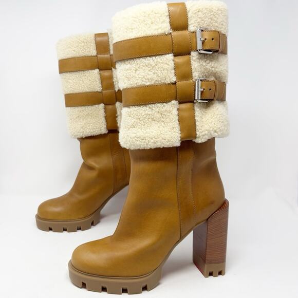 Christian Louboutin Brodeback Shearling Brown Leather Platform Boots Size 40 - Picture 2 of 14